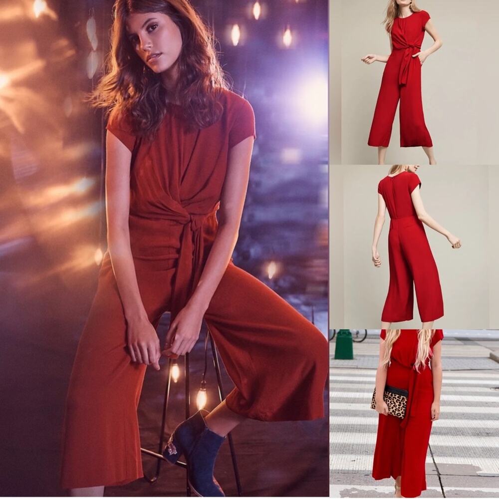 Maeve Anthropologie Grier Jumpsuit Red Crepe Rayon Cap Sleeves Tie Front Size 2P